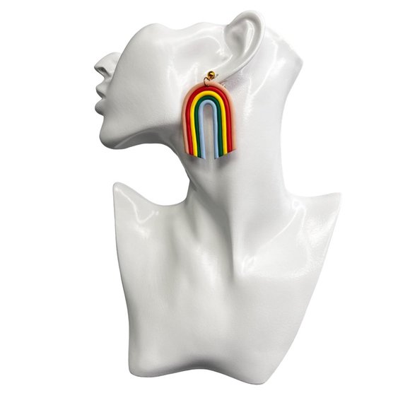 Rainbow Dangle Earrings Gold Tone Bright Colors Clay Pierced - Picture 1 of 6